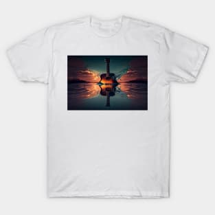 Commercial Guitar Art With Water Splashing In The Sunset T-Shirt